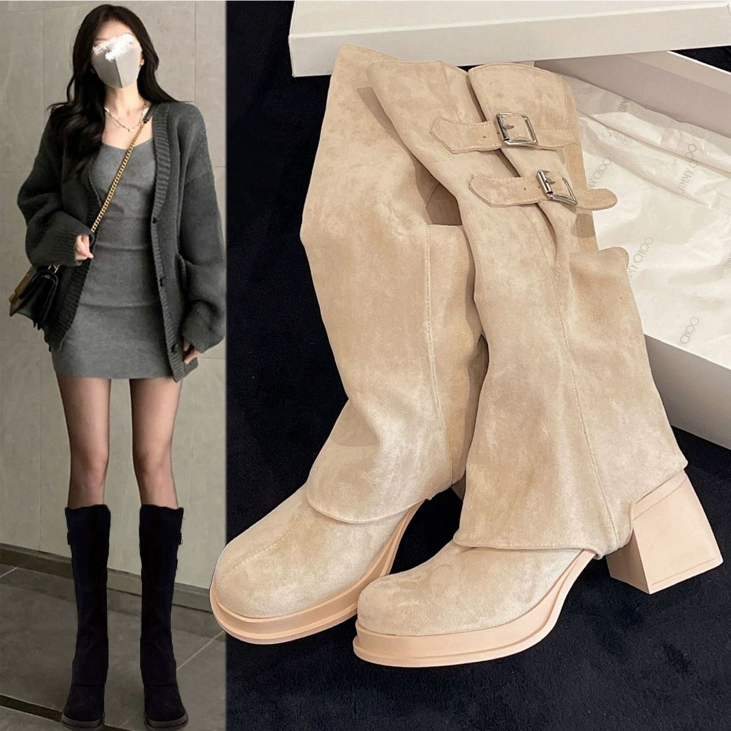 裸色高跟靴子女秋冬季长靴2025新款爆款高筒可拆卸两穿短靴瘦瘦靴