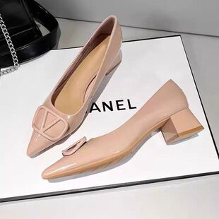 绝美不累脚通勤浅口尖头裸色高跟鞋 粗跟法式 子 女2025新款 中跟单鞋