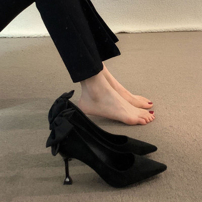 法式单鞋女6cm小跟气质伴娘8cm细跟蝴蝶结绒面中跟尖头黑色高跟鞋