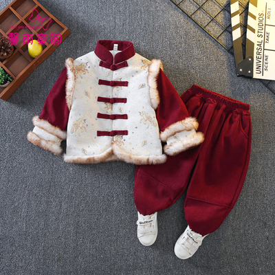 拜年服男童汉服冬加厚套装新中式