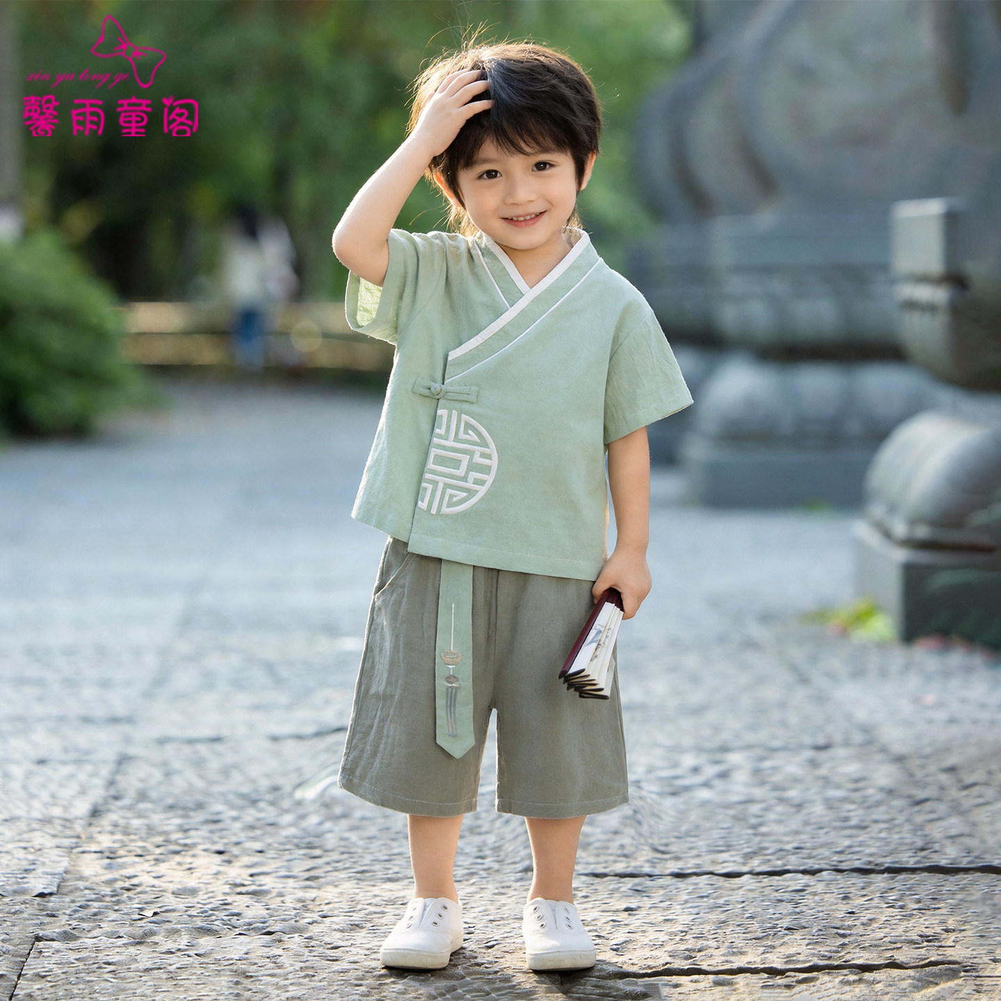 汉服男童新中式短袖套装棉麻古装图片