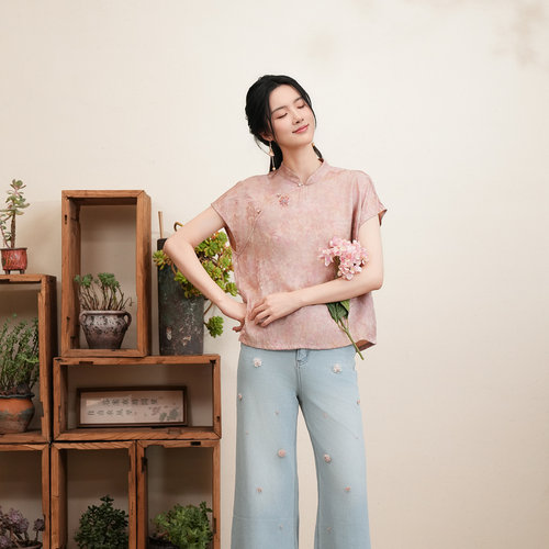 布符新中式提花盖袖旗袍上衣显瘦