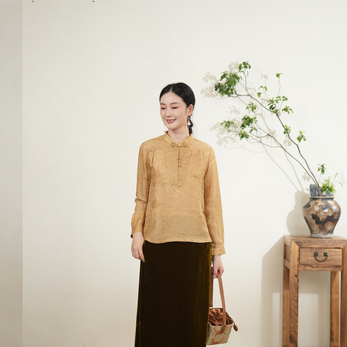 布符新中式提花双攀缘结旗袍上衣2025年秋季新品国风提花长袖女装