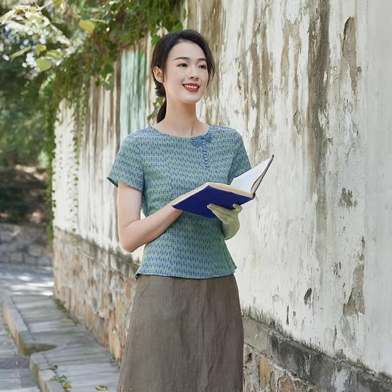 布符新款夏季复古盘扣优雅碎花上衣短袖时尚中式休闲女款t恤