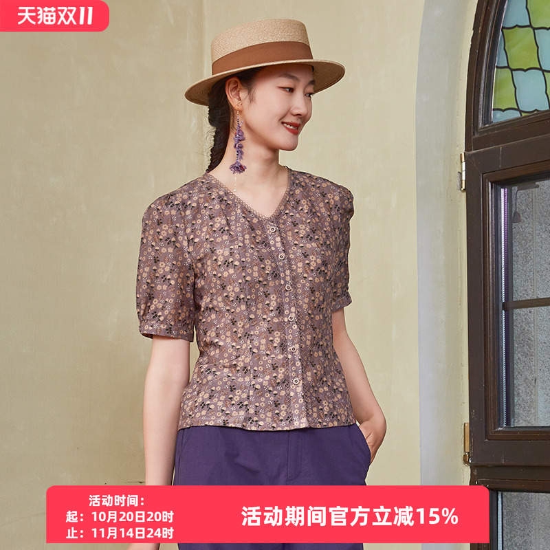 布符夏季新款原创复古花边灯笼袖时尚气质浪漫短袖V领T恤女