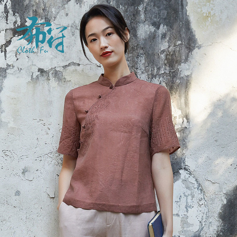 布符2023年夏新款原创复古时尚茶艺民族中式珠绣舒适女式旗袍上衣