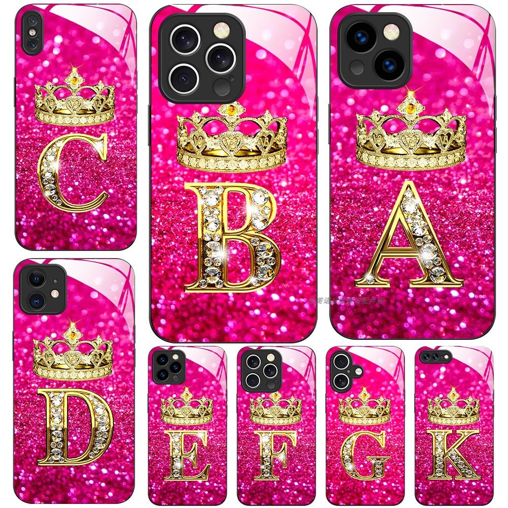 粉色幸运字母钢化玻璃手机壳适用苹果iPhone 17 16 15 14 Pro Max 13 Pro XS XR X 12 11华为OPPOVIVO荣耀