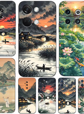 磨砂软手机壳适用一加15 ACE56NORD7N202V8PRO9RT10竞速11R1213 国风山水画荷花