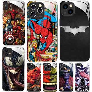 玻璃手机壳适用苹果iPhone 17 16 15 14 Pro Max 13 Pro XS XR X 12 11 漫威蜘蛛侠毒液灭霸绿巨人