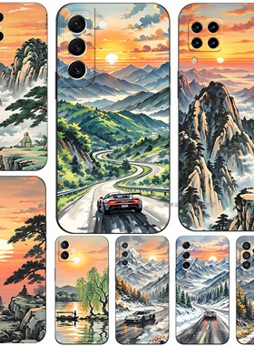 磨砂软手机壳适用三星S25S24S23S22S21S20S10S9S8PLUS UltraM52M53M54M 国风水墨汽车风景