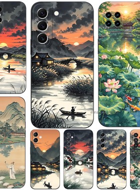 磨砂软手机壳适用三星S25S24S23S22S21S20S10S9S8PLUS UltraM52M53M54M 国风山水画荷花