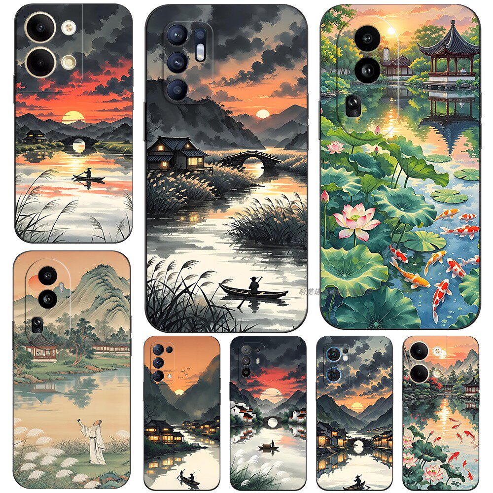 磨砂软手机壳适用OPPO A72 5G RENO114 13 12 11 10 9 8 7 6 5 PRO K PLUS + 国风山水画荷花