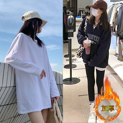 纯棉长袖t恤女中长款打底衫女