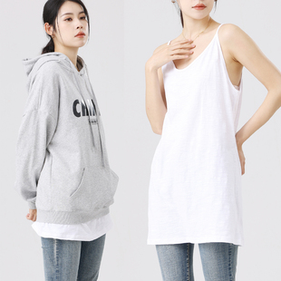卫衣打底衫背心女中长款内搭叠穿竹节棉纯棉白色吊带遮臀屁帘下摆