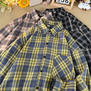 2026春季新款复古格子衬衫男长袖宽松港式磨毛衬衣外套shirt