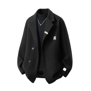 黑色毛呢西装大衣男冬季双排扣宽松加厚保暖外套潮流Jacket Man