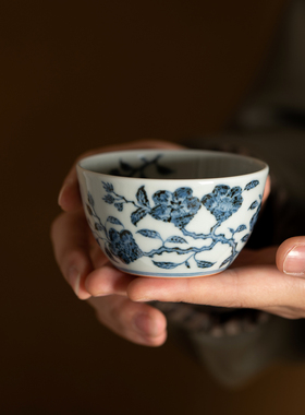 小谦山房珍玩柴窑青花折枝山茶花纹卧足杯景德镇高颜值茶杯主人杯