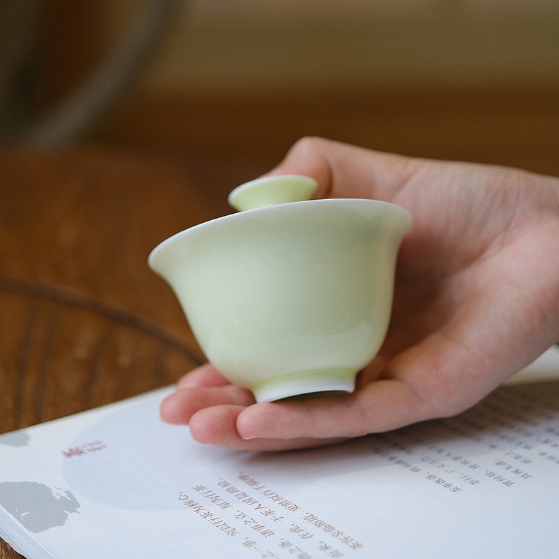 小谦山房葱青秋葵盖碗一人景德镇陶瓷手工泡茶碗单个女士茶具送礼