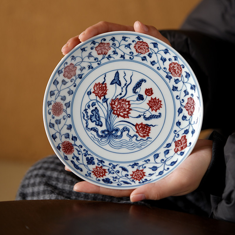 小谦山房永宣一束莲缠枝花卉纹青花釉里红壶承陶瓷干泡台中式茶具