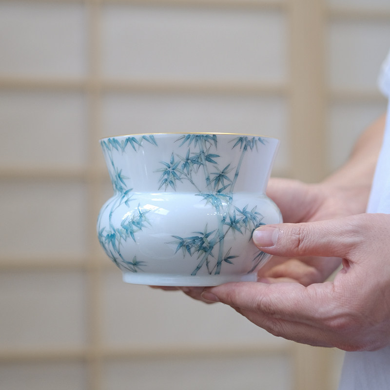 小谦山房松石绿珐琅彩青竹描金水洗景德镇陶瓷全手工茶洗水盂茶道