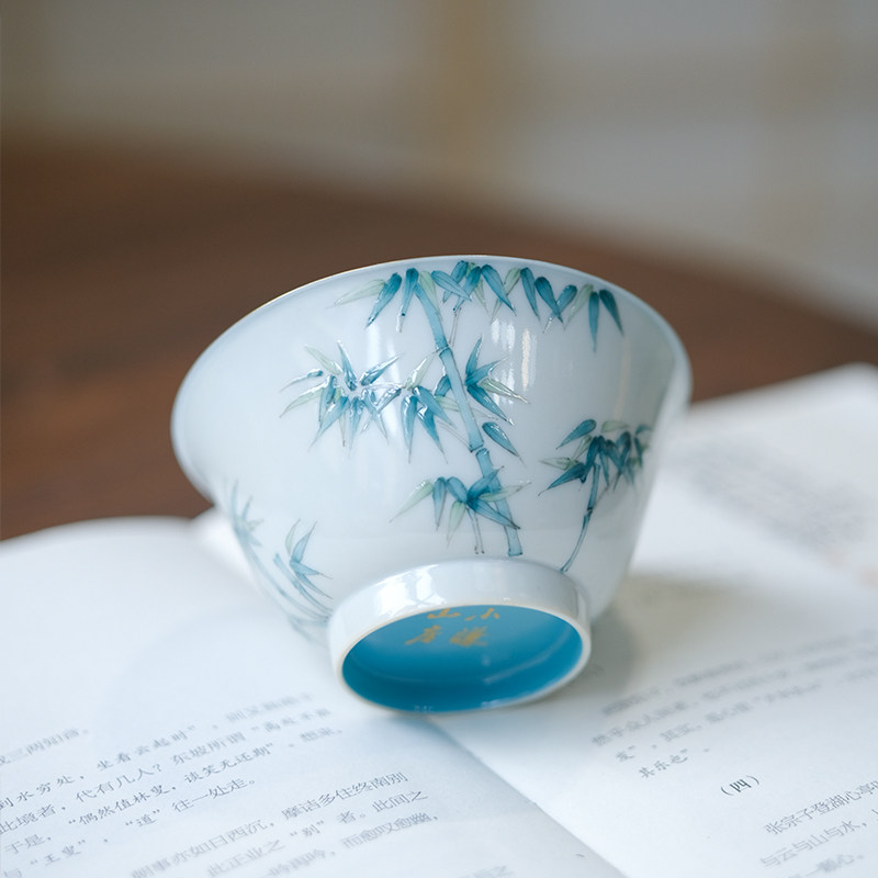 小谦山房松石绿珐琅彩青竹描金薄胎杯景德镇手工陶瓷茶杯功夫茶具