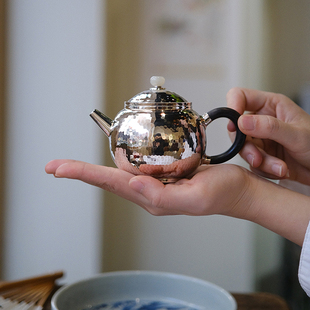 纯银999泡茶器纯手工一张打银茶具 小谦山房黑檀木小银壶台湾日式