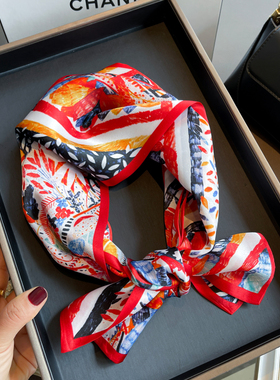 2022春夏蜡笔油画气质桑蚕丝丝巾双层双面真丝围巾女衬衣百搭飘带