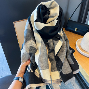 秋冬格雷系Grey高级穿搭双面拼色块仿羊绒保暖围巾女披肩百搭围脖