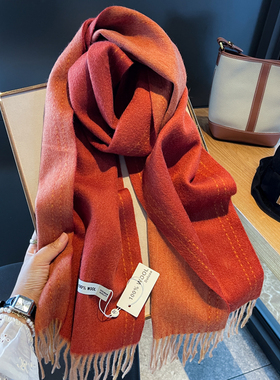 精选澳洲羊毛围巾女冬季100%wool双面双色虚线百搭情侣款保暖围脖