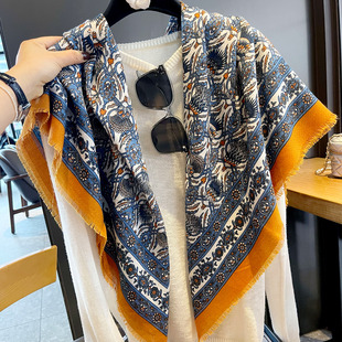 复古老钱风蓟花蓝橘130方巾女春夏装饰领巾防晒披肩空调护颈丝巾
