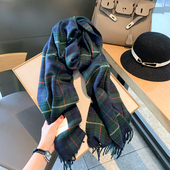 韩版 饰百搭围脖女 气质墨绿格子流苏仿羊绒围巾保暖披肩装 冬季 新款