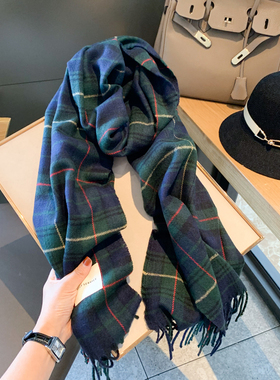 韩版冬季新款气质墨绿格子流苏仿羊绒围巾保暖披肩装饰百搭围脖女