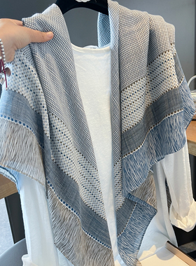 小灰格子围巾女夏季新款防晒大方巾出游拍照丝巾空调房外搭披肩女