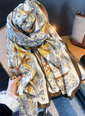 春夏季围巾女英伦气质马鞍扣棉麻围脖装饰大披肩旅游防晒护颈两用