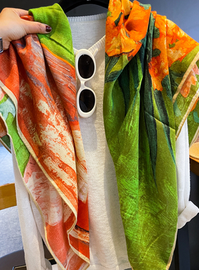 莫奈绿色油画丝巾女夏含丝毛围巾防晒大方巾头巾空调巾护颈薄披肩