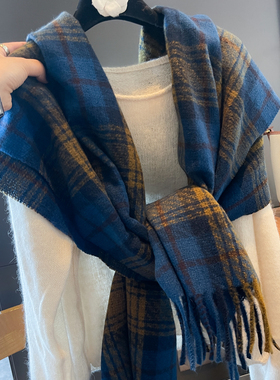 复古黄蓝格子围巾女冬季2025新款韩版百搭学生长围脖加厚保暖披肩