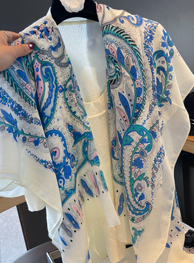 丝巾女腰果花轻薄纱巾春夏围巾女棉麻长款两用披肩旅游防晒沙滩巾
