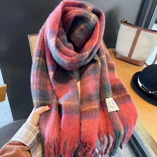 英伦风复古雾红格纹含羊毛围巾女冬季氛围感双面格子百搭披肩两用