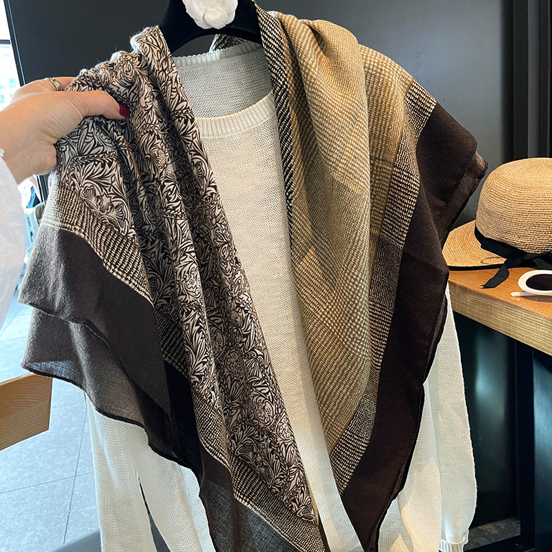 2025春夏季棉麻手感围巾女高级感咖色方巾空调房外搭防晒丝巾披肩