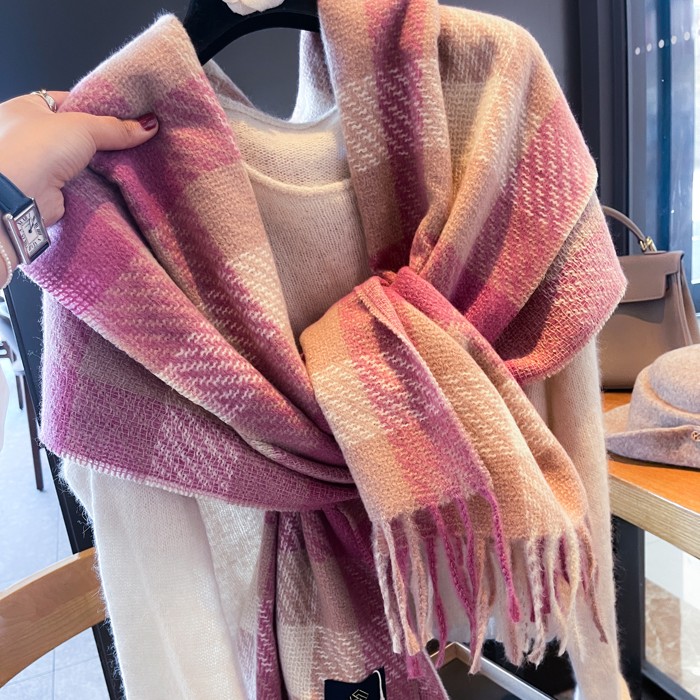 粉色格子围巾女2025秋冬新款保暖