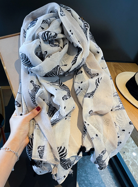 春秋季韩版百搭斑马长颈鹿防晒披肩纱巾沙滩巾棉麻围巾女旅游度假