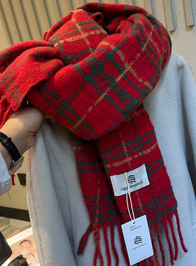 含绵羊毛格子围巾女冬季2025复古圣诞新年红格子披肩学生保暖围脖
