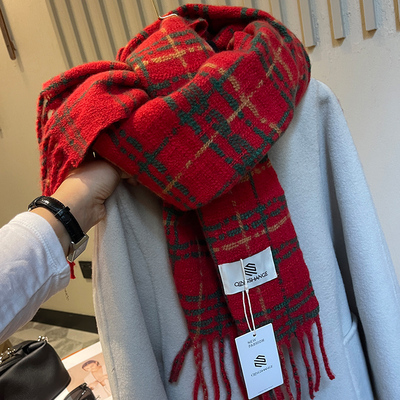圣诞新年红格子围巾女冬保暖围脖