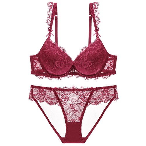 聚拢上托厚款有钢圈文胸罩套装秋冬小胸显大性感蕾丝本命年内衣女