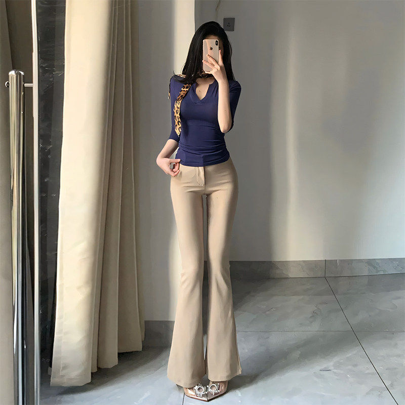 法式卡其色裤子女士春夏新款高腰垂感喇叭裤小个子显瘦微喇西装裤