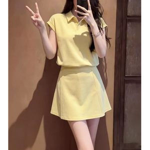 初夏季独特漂亮绝美一整套女装小个子精致黄色短袖t恤短裤两件套
