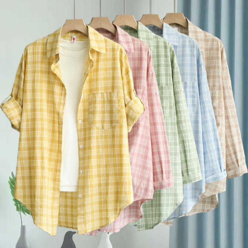 格子衬衫女春夏秋季宽松长袖防晒衫棉麻上衣薄款衬衣外套森系风