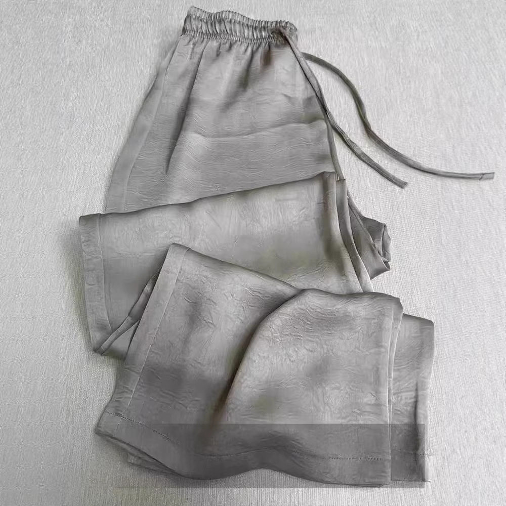 真丝女士灰色薄款压花休闲阔腿裤夏季新款宽松百搭洋气高腰长裤子