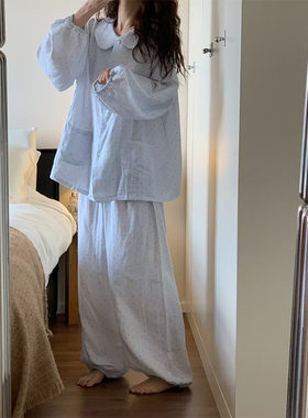 韩系甜美雾蓝色波点纯棉睡衣女夏季新款花边短裤家居服套装可外穿