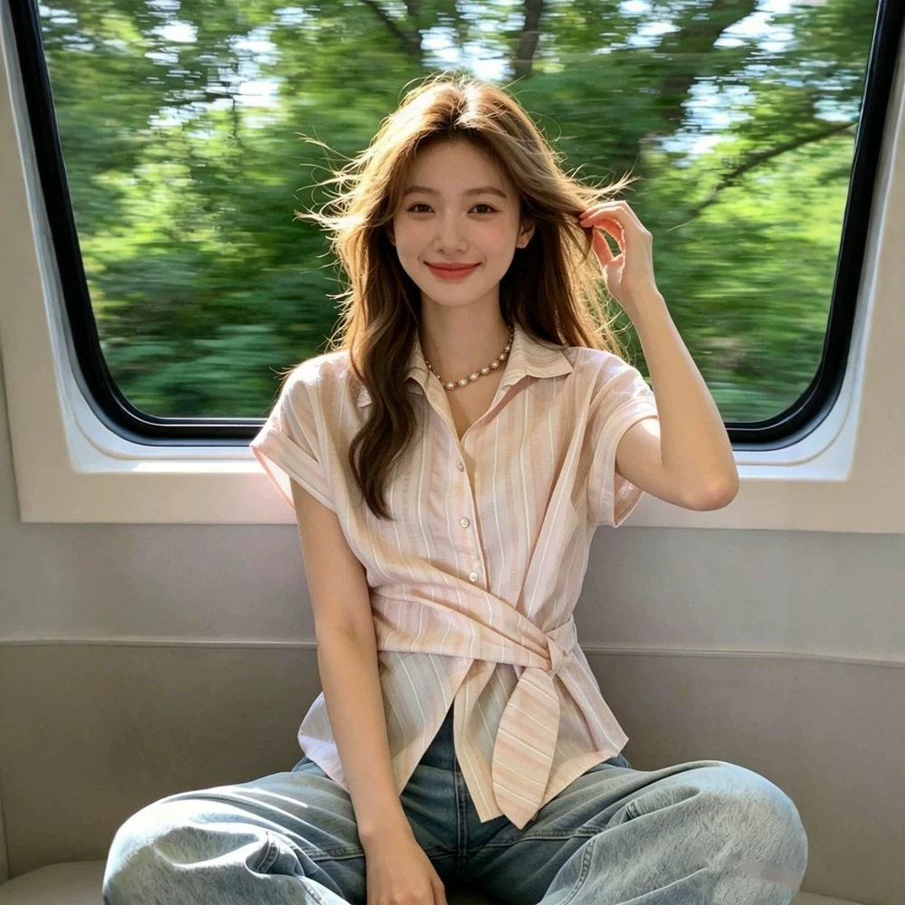 法式小资漂亮粉色条纹短袖衬衫女夏2026别致很仙的不规则绑带上衣